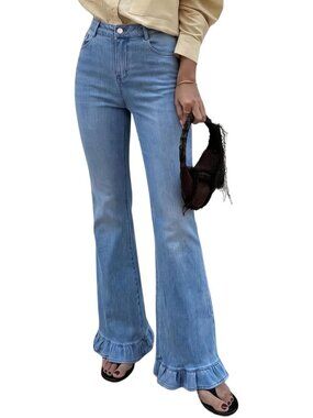 High-Waisted Ruffle Hem Flare Jeans | Stretchy Denim Pants for Women